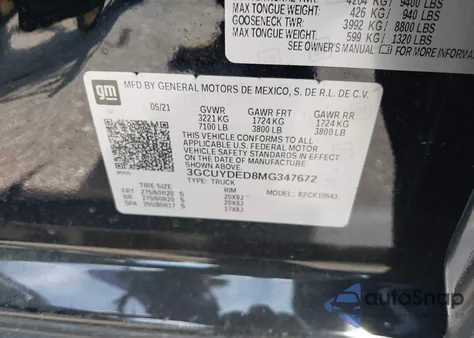 2021 Chevrolet Silverado 1500 4Wd Short Bed Lt z USA, uszkodzony, nr VIN 3GCUYDED8MG347672